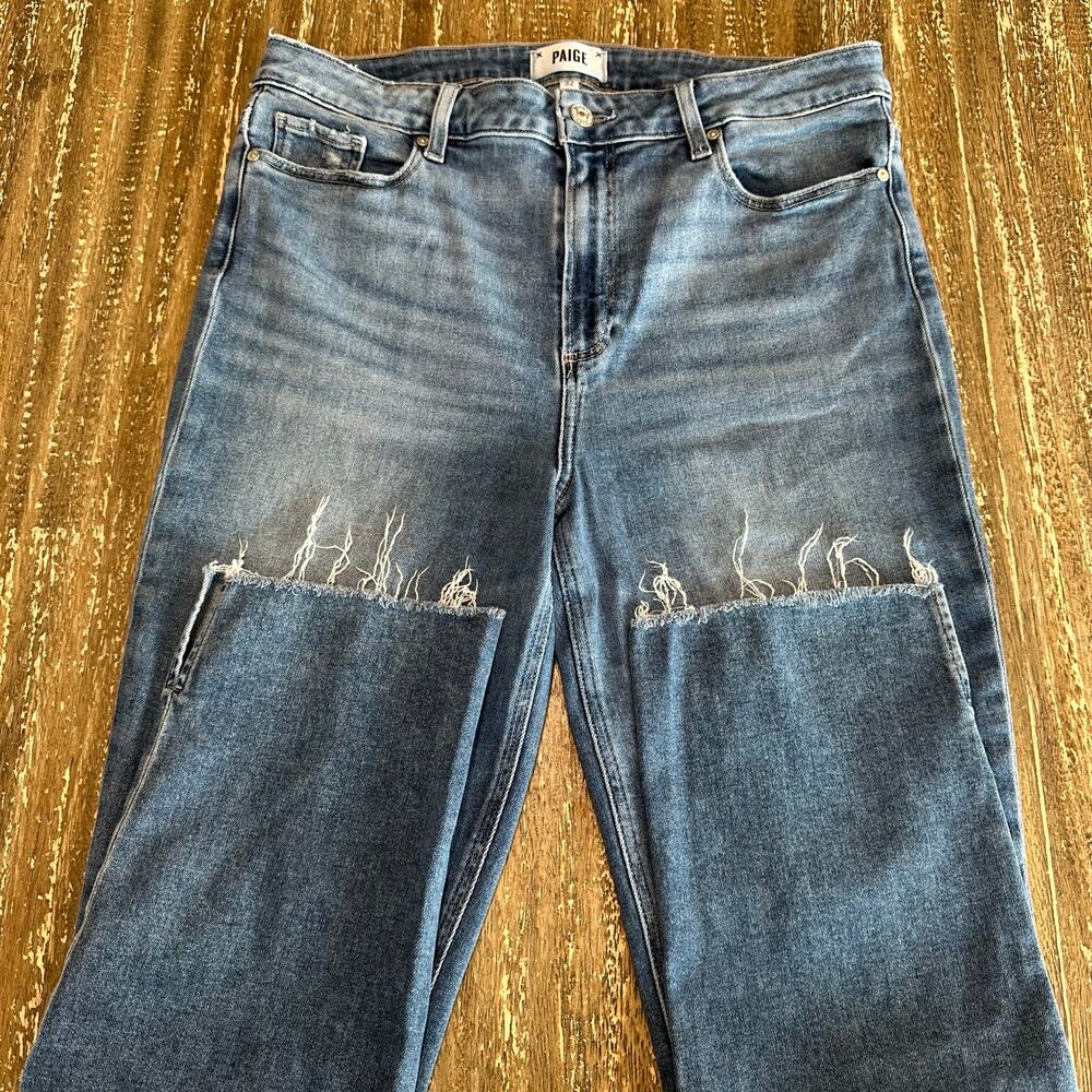 PAIGE Cindy High Rise Straight Leg Stretch Denim Jeans Raw Hem Womens Size 32